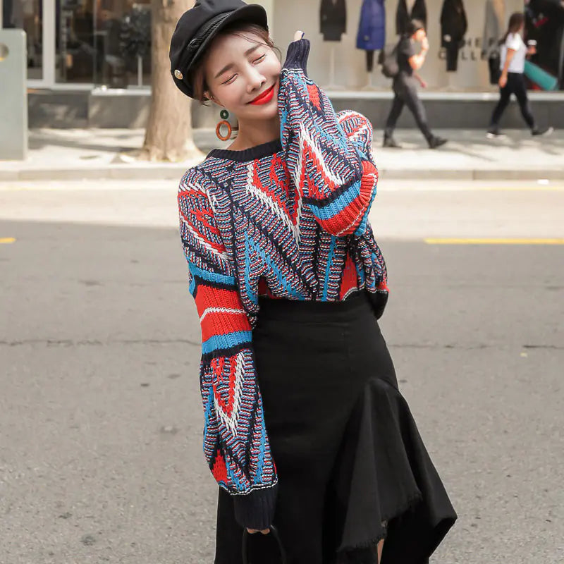 2019 Fall Winter Color-Block Lantern Sleeve Sweater