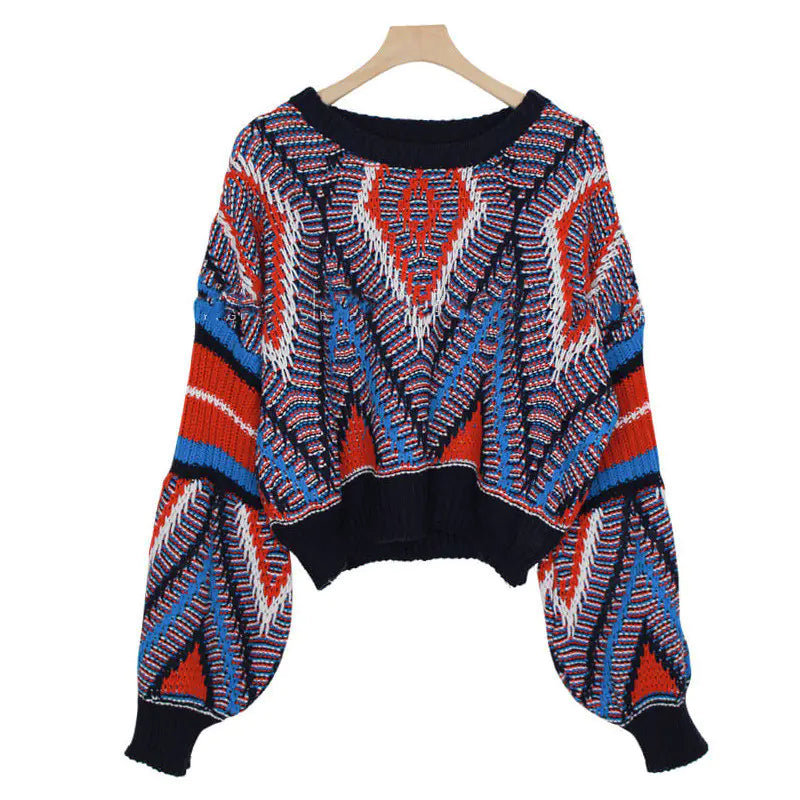 2019 Fall Winter Color-Block Lantern Sleeve Sweater