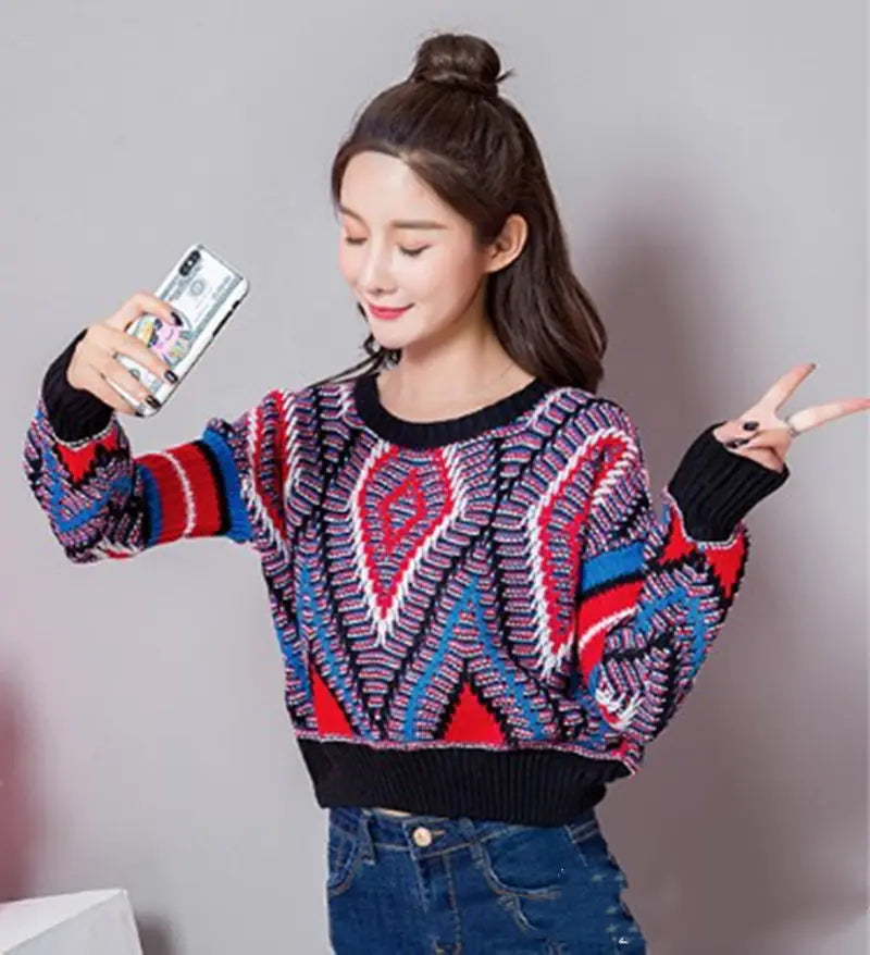 2019 Fall Winter Color-Block Lantern Sleeve Sweater