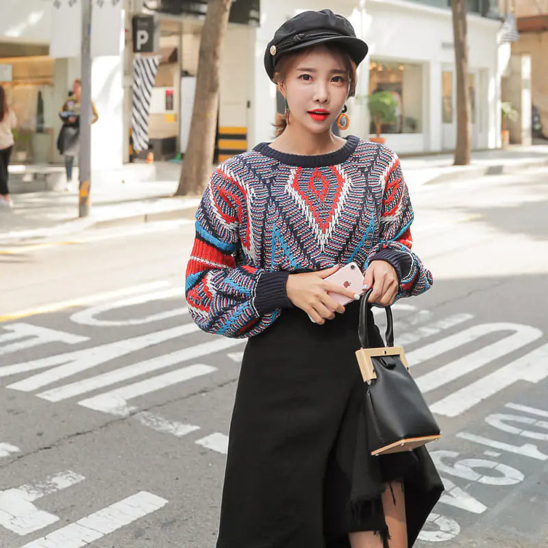 2019 Fall Winter Color-Block Lantern Sleeve Sweater