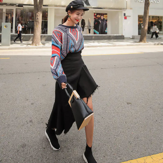 2019 Fall Winter Color-Block Lantern Sleeve Sweater